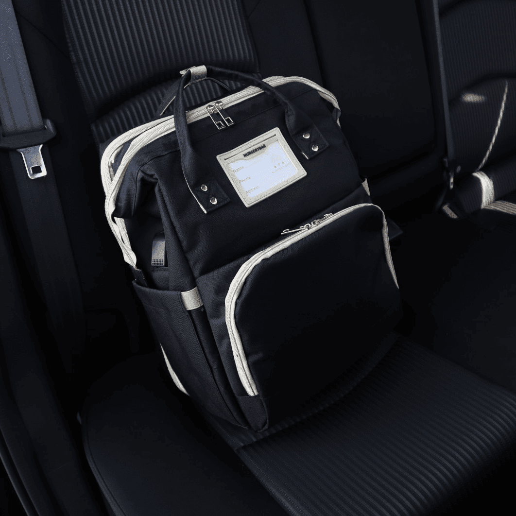 Nursery Bag - Black Convertible Diaper Bag Backpack in Car Back Seat