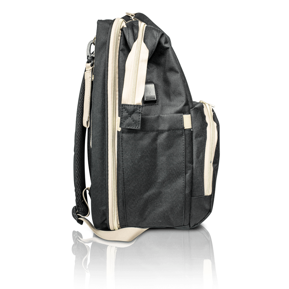 Nursery Bag - Black Convertible Diaper Bag Backpack Side View Unzipped