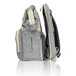 Nursery Bag - Gray Convertible Diaper Bag Backpack Side View Unzipped